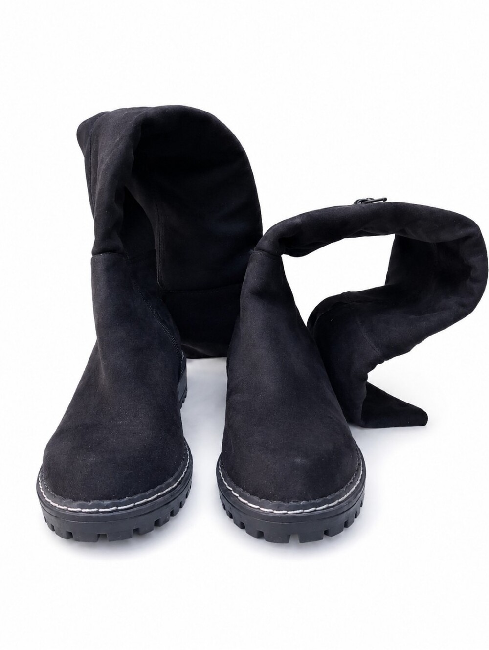Esprit Black Suede Slouch Boots Lug Sole Zip Mid Calf Grunge Moto Y2K Size 6.5 - Picture 5 of 14
